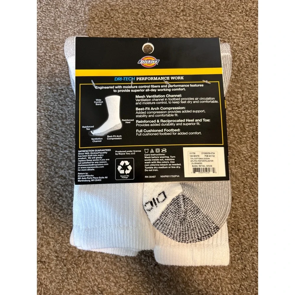 Dickies Crew Performance Work Socks Mens 6-12 White New Dri-Tech 6-Pack I11750